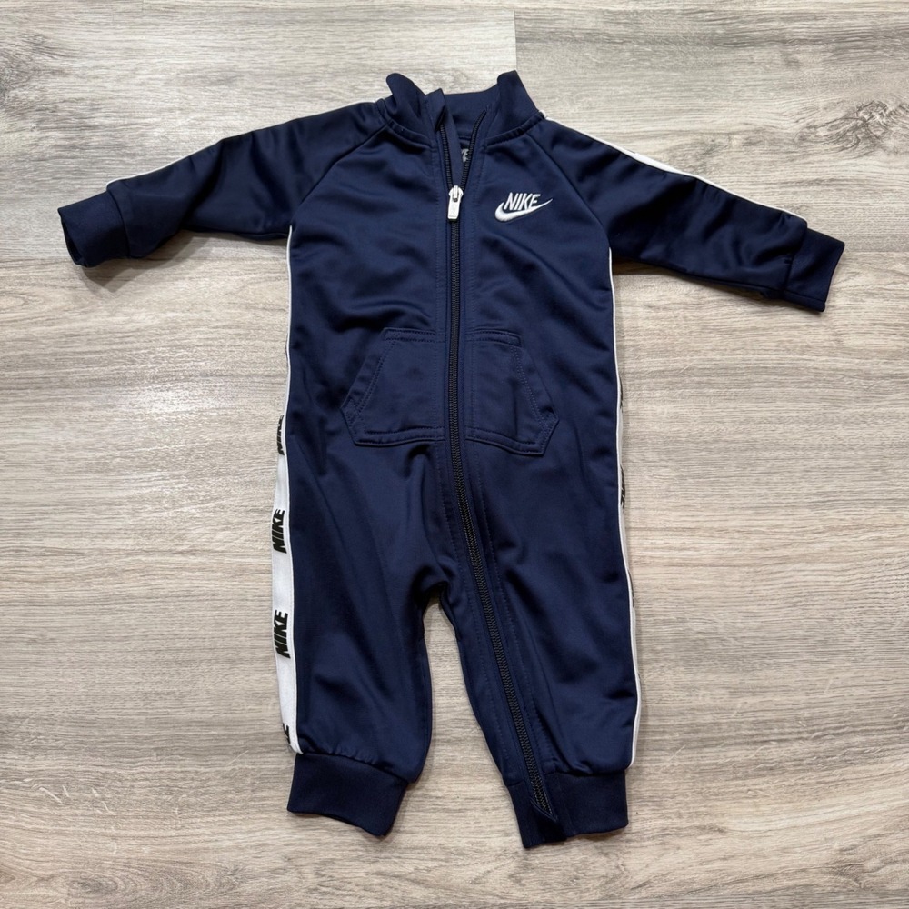 Nike Baby Boys Navy Blue Logo Taping Zip Up Tracksuit Romper Coverall 6M